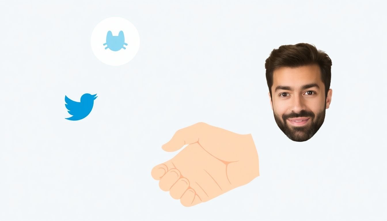 Two hands shaking, one with a social media icon and the other with an influencer's face.