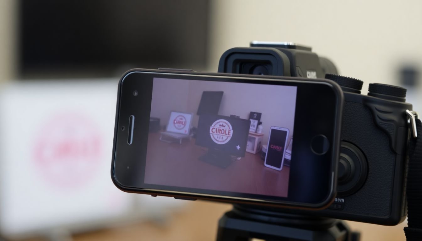 A camera with a smartphone in front of it, taking a picture of a product or brand logo.