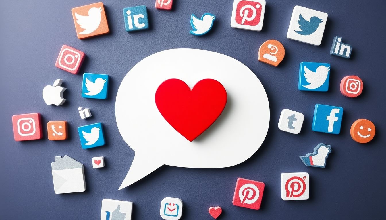 A speech bubble with a heart inside, surrounded by various social media icons.