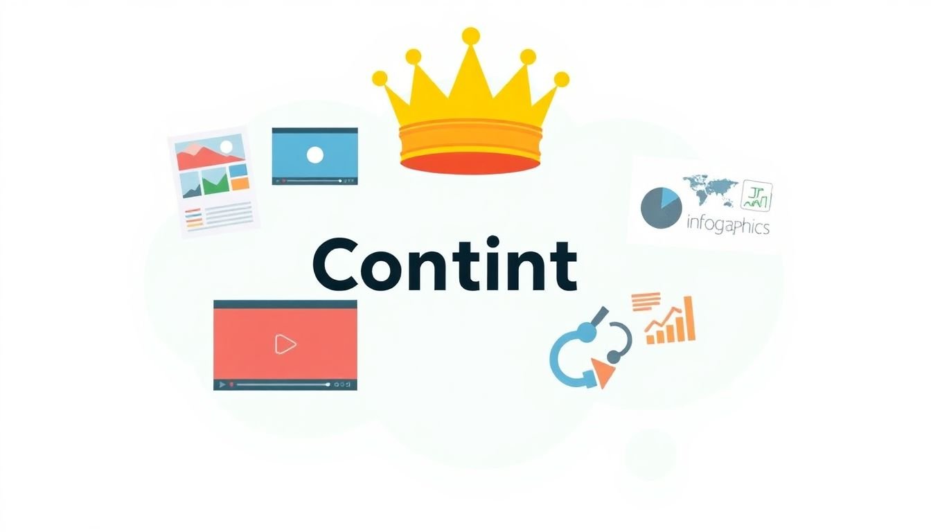 A thought bubble with a crown on it, containing various types of content like images, videos, infographics, and text.