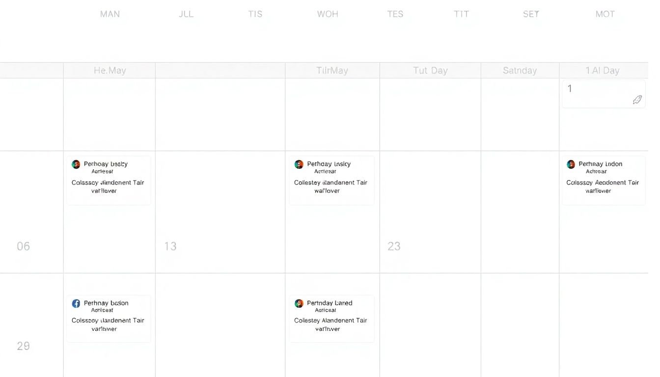 A calendar with consistent social media post dates and a consistent color scheme or theme.