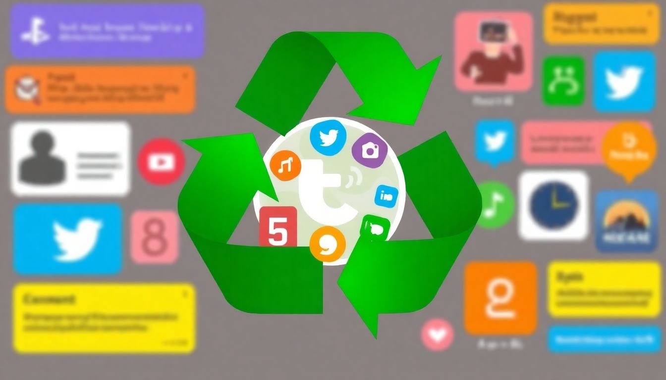 A recycling symbol with a social media icon inside, surrounded by various types of content.