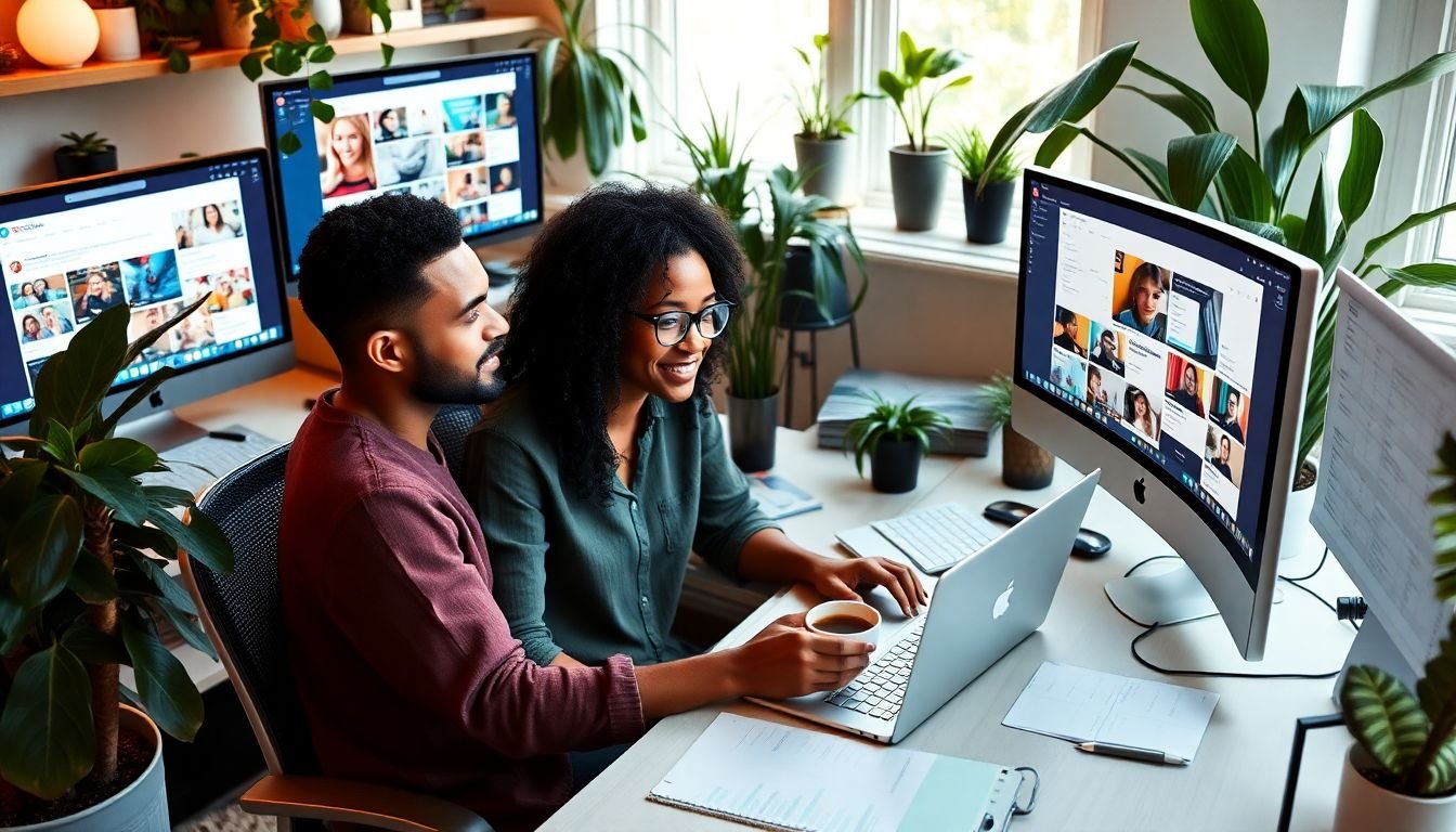 A diverse social media manager working from a cozy home office, surrounded by plants, with multiple screens displaying various social media platforms, a cup of coffee, and a well-organized content calendar.