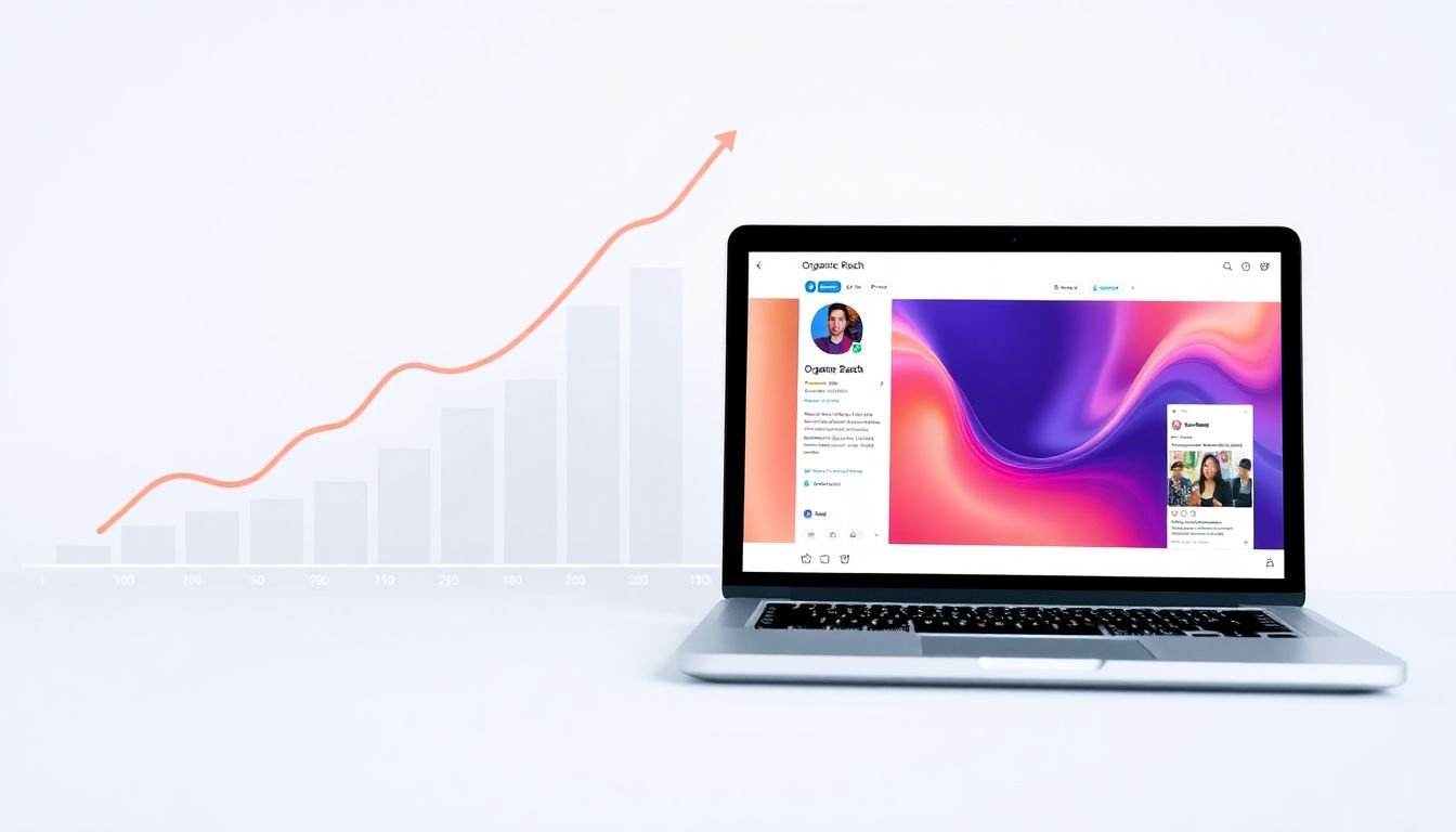 A graph showing increasing organic reach, with a laptop in the foreground displaying a well-optimized social media post