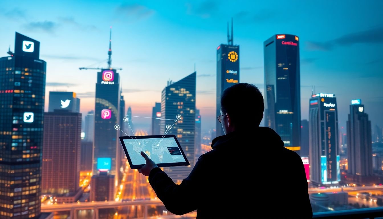 A futuristic cityscape with social media logos on skyscrapers, and a person using a holographic tablet to plan their marketing strategy