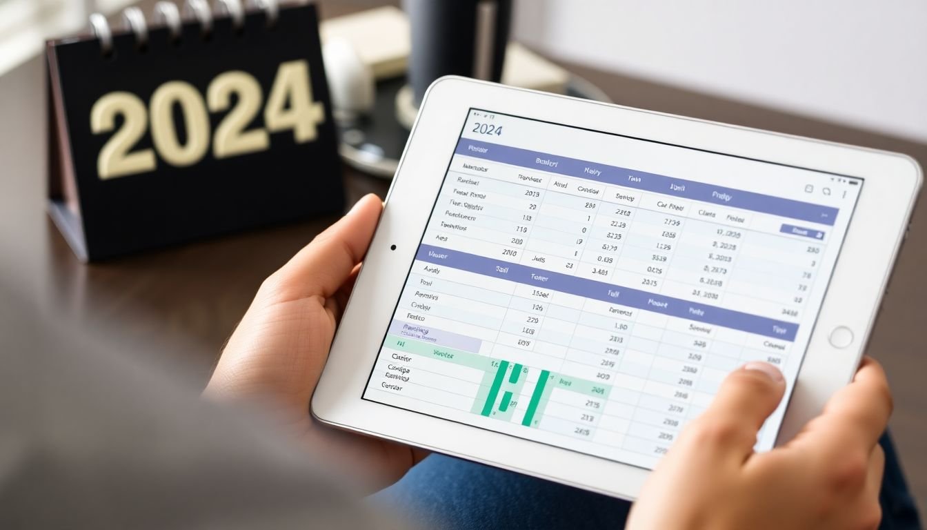A person holding a tablet, showing a detailed budget plan, with a calendar in the background displaying the year 2024