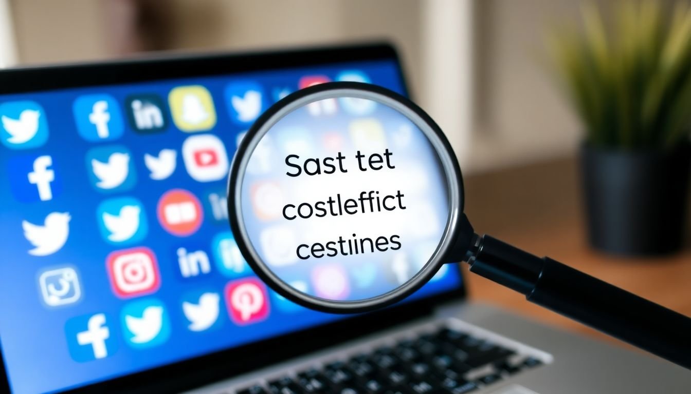 A variety of social media logos on a laptop screen, with a magnifying glass highlighting the most cost-effective platforms