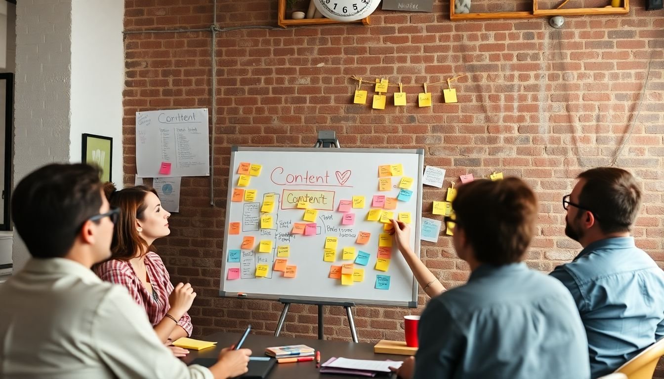 A creative team brainstorming ideas, surrounded by sticky notes and a whiteboard filled with content ideas