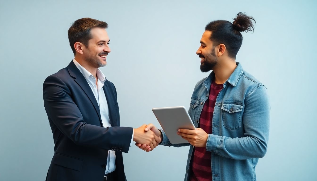 A business owner shaking hands with an influencer, with a tablet showing their impressive follower count