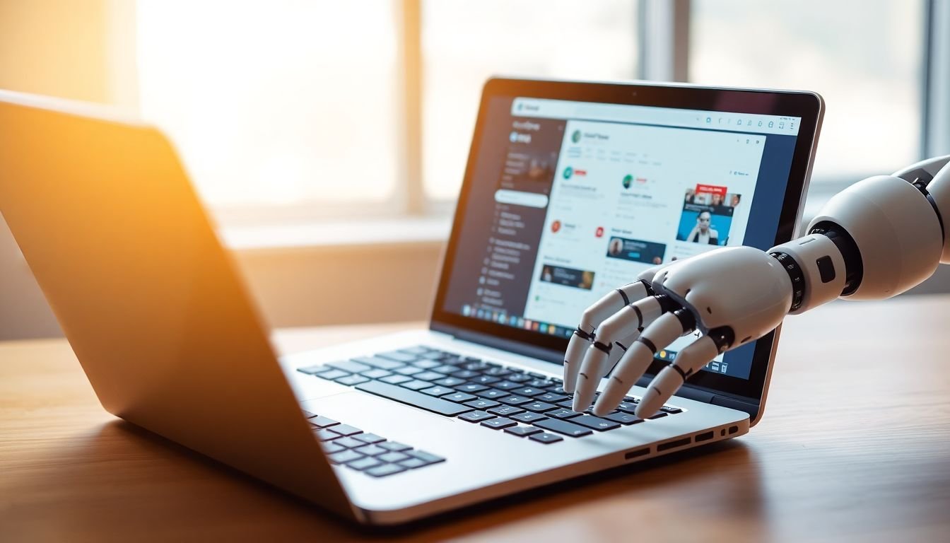 A robot arm operating a laptop, with social media management tools open on the screen