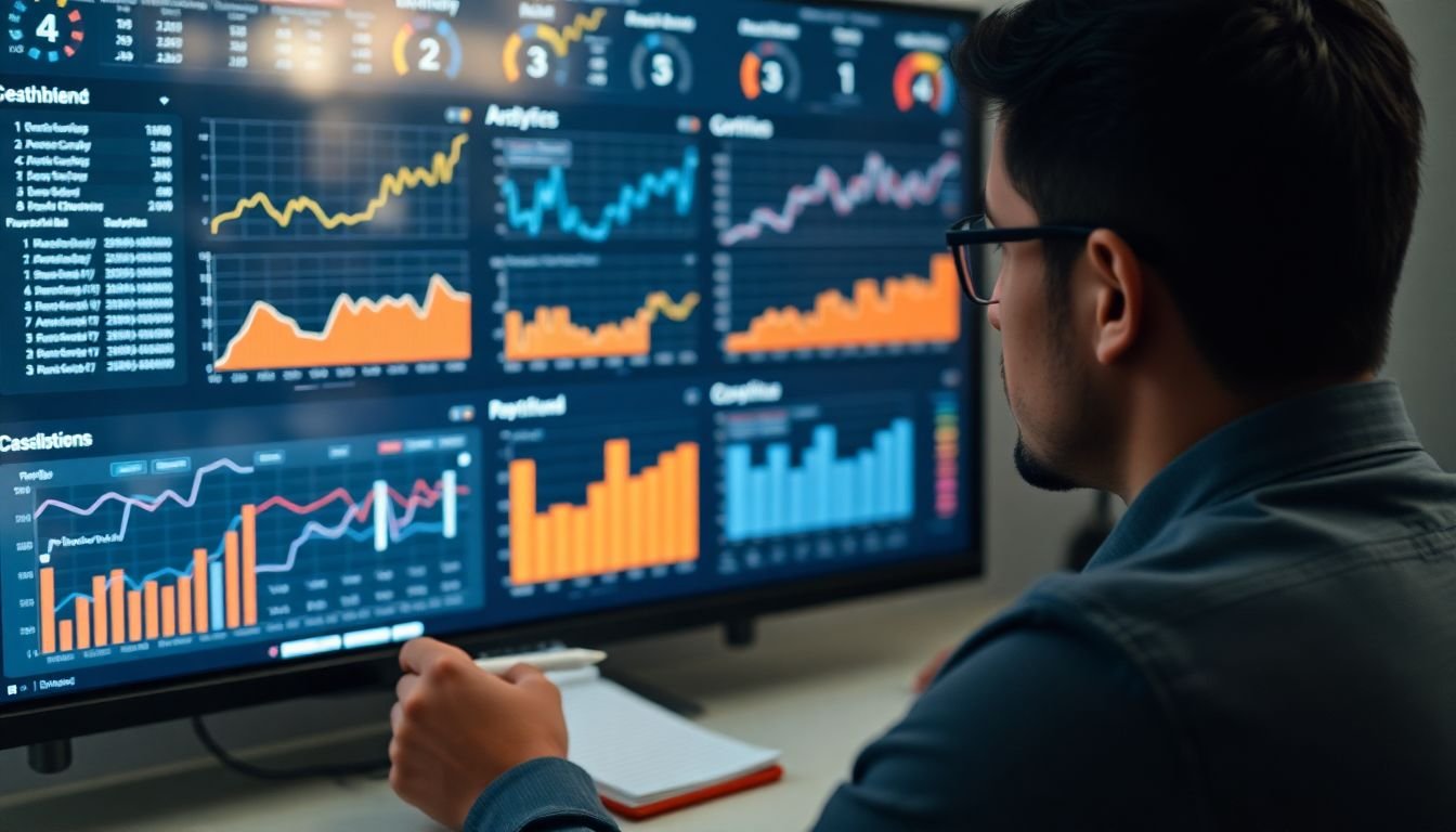 A person looking at a dashboard filled with analytics, with a notepad and pen nearby to make adjustments