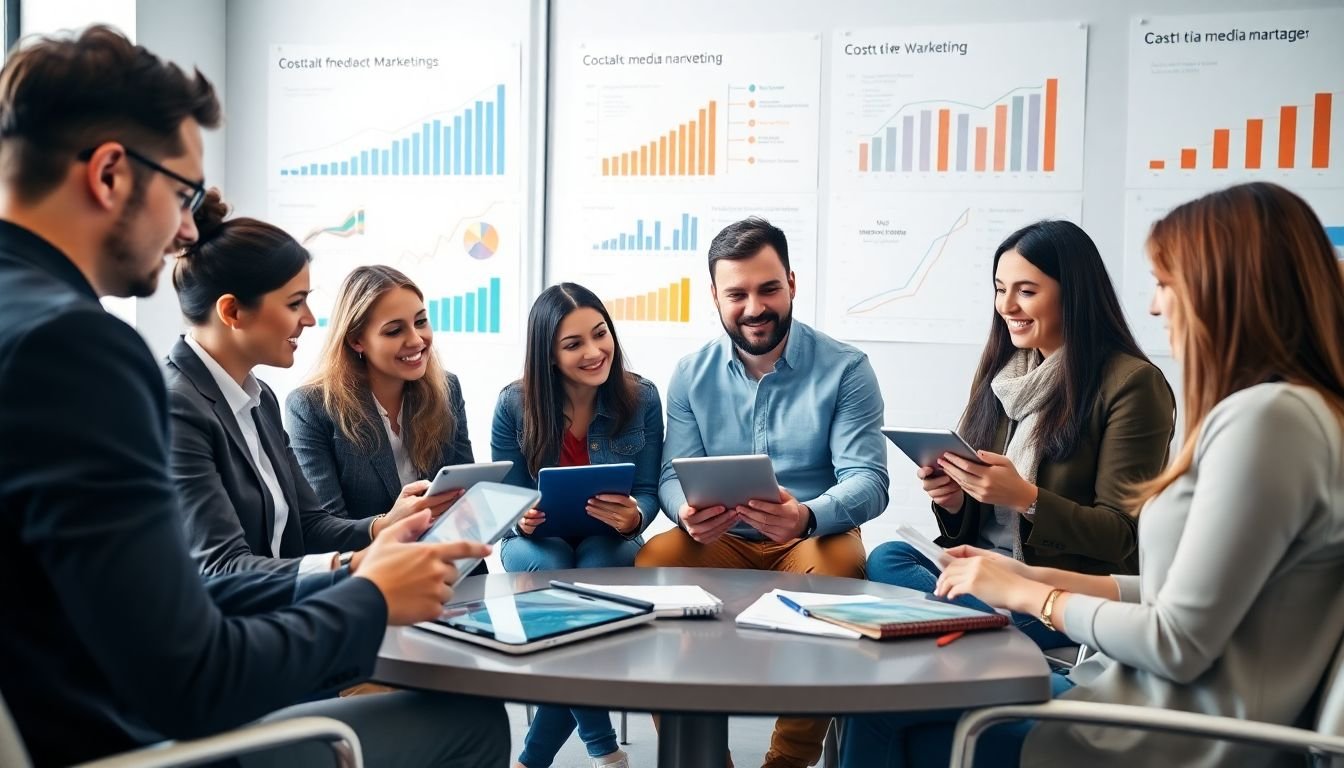 A diverse group of marketers, from different industries, collaborating in a modern, well-lit office, using tablets and laptops to strategize their social media marketing campaigns for the upcoming year, with graphs and charts showing cost-effective trends and growth on the walls behind them.