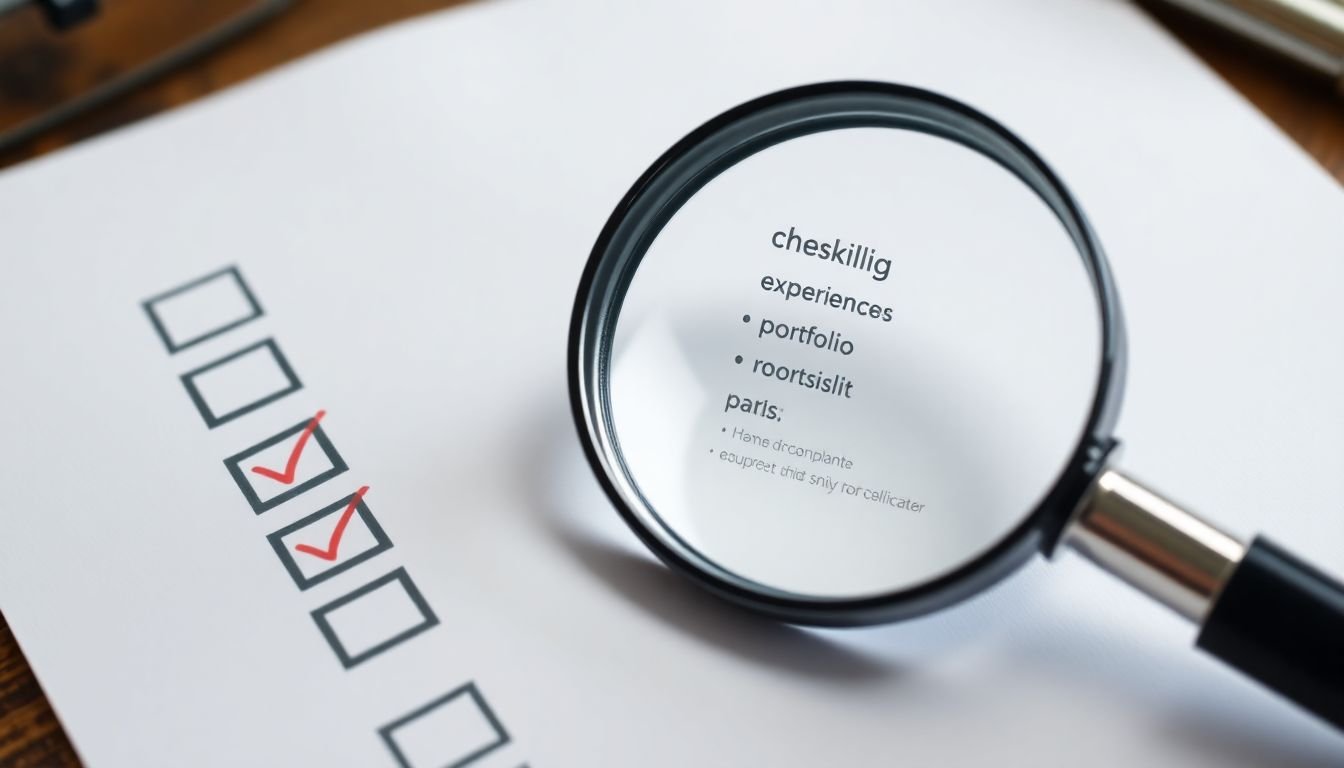 A checklist of skills and experiences to look for in a candidate, with a magnifying glass inspecting a portfolio.