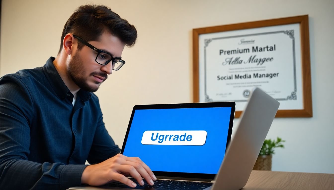 A business owner looking at a 'Upgrade' button on a laptop, with a 'Premium' social media manager certificate on the wall.