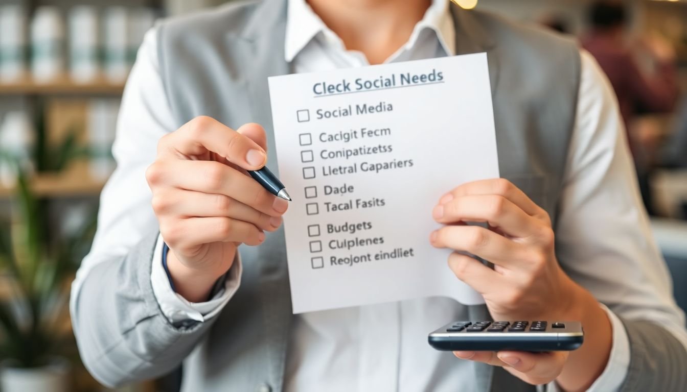 A business owner checking off a list of social media needs, with a budget calculator on the side.
