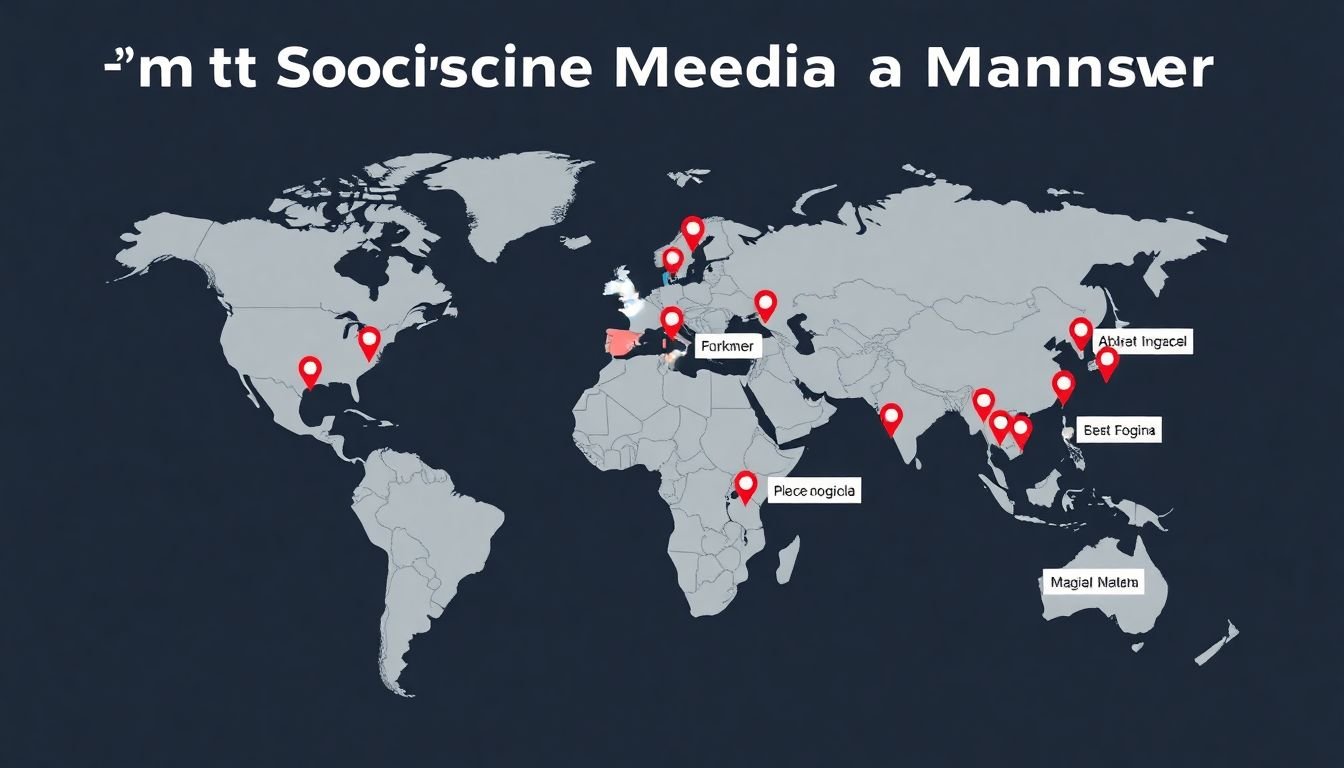 A world map with various pins representing different platforms to find social media managers.