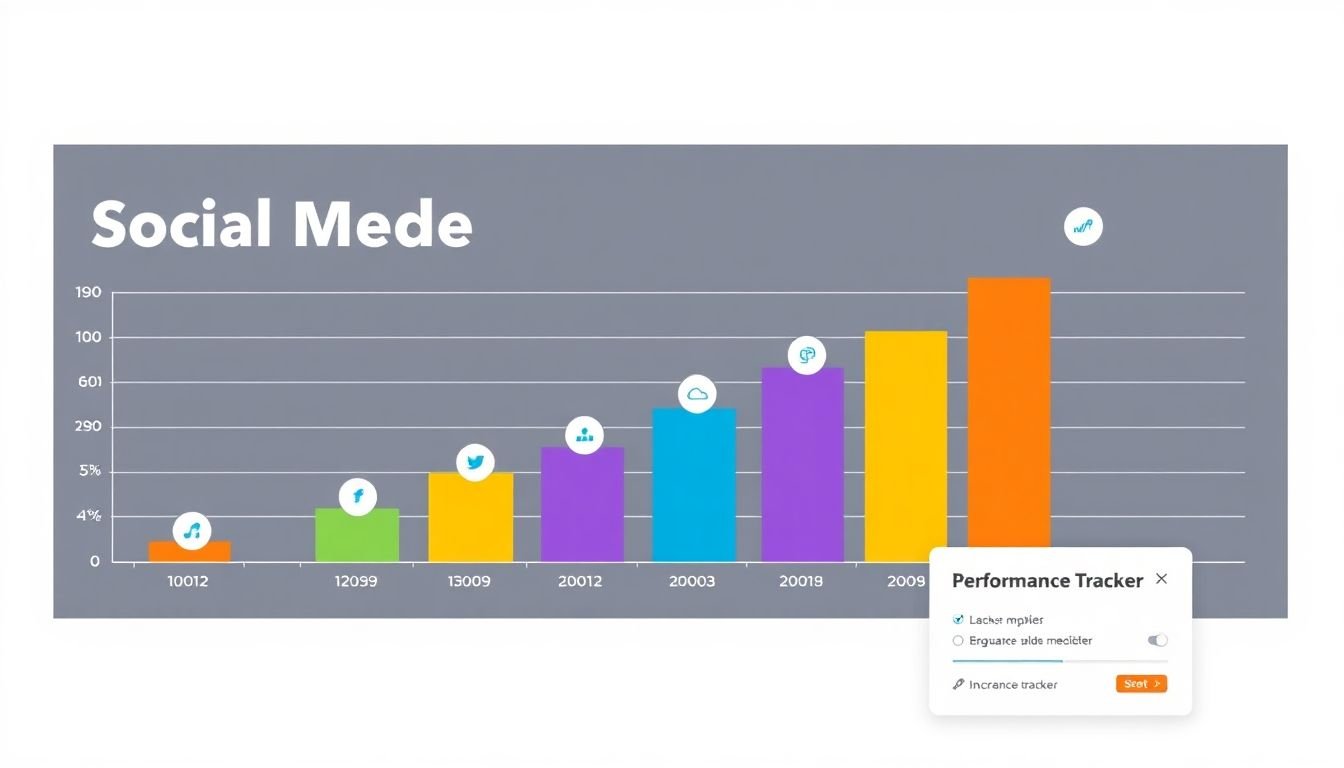 A graph showing increasing social media engagement, with a 'Performance Tracker' tool in the corner.