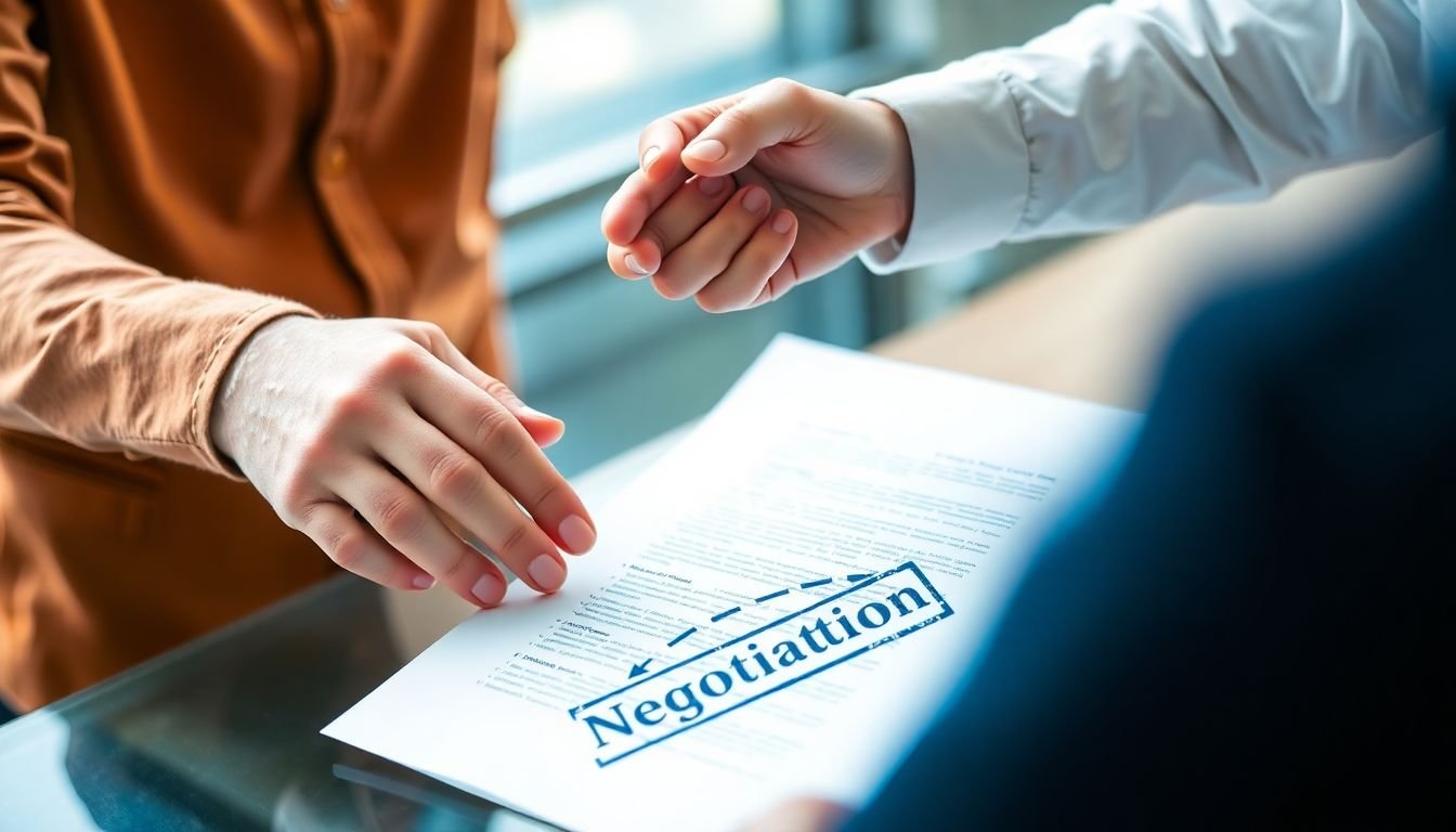 A business owner and a social media manager shaking hands over a contract, with a 'Negotiation' stamp on it.