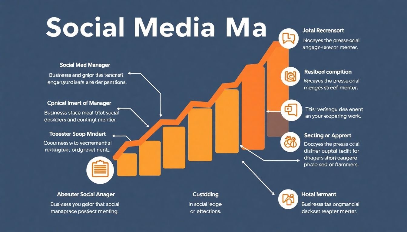 An infographic illustrating the various tasks of a social media manager, with a business growth chart in the background.