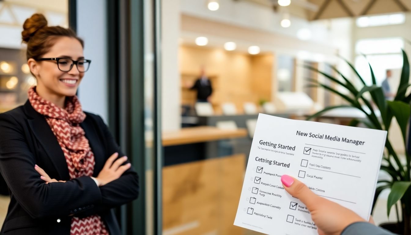 A business owner welcoming a new social media manager, with a 'Getting Started' checklist in hand.