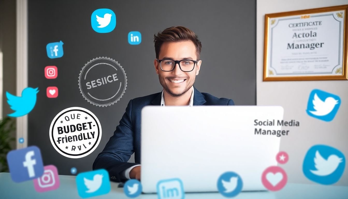 A confident business owner sitting at a laptop, surrounded by social media icons, with a 'Budget-Friendly' stamp on the screen, and a 'Social Media Manager' certificate on the wall.