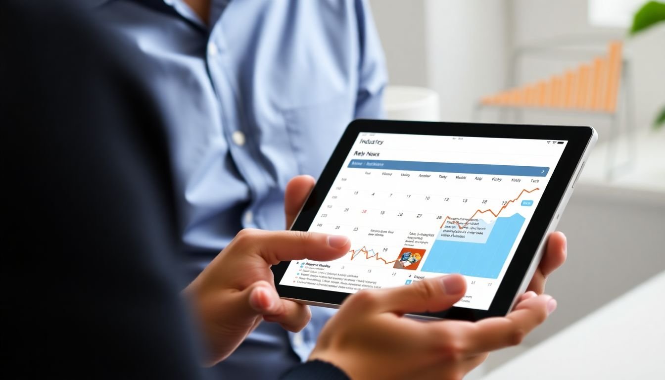 A social media manager reading industry news on a tablet, with a calendar showing regular updates and a graph showing consistent growth.