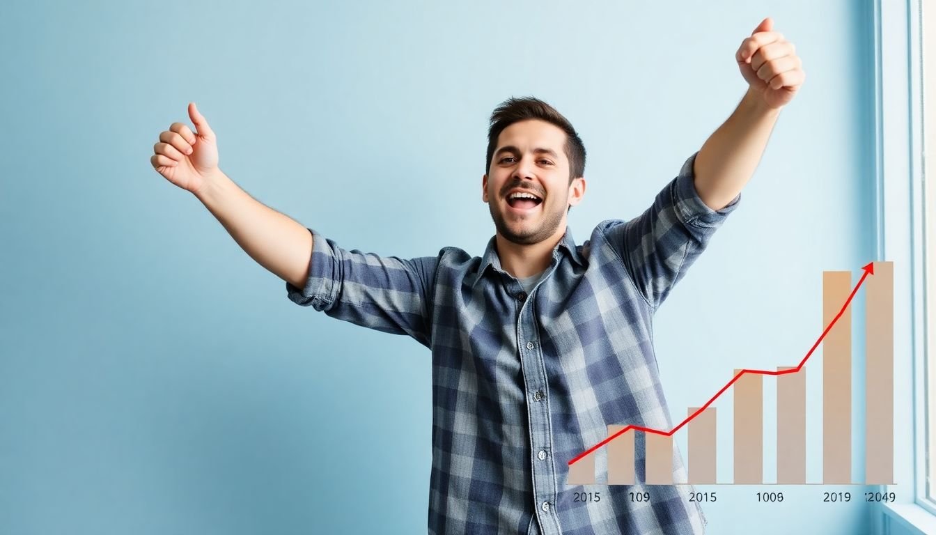A small business owner celebrating increased sales and engagement on social media, with a graph showing their growth compared to larger competitors.