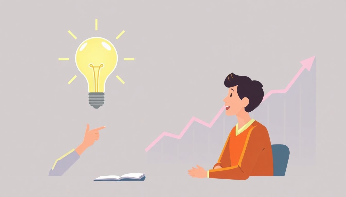 A lightbulb moment illustration of a social media manager sharing a strategy with a client, with a graph showing increased ROI in the background.