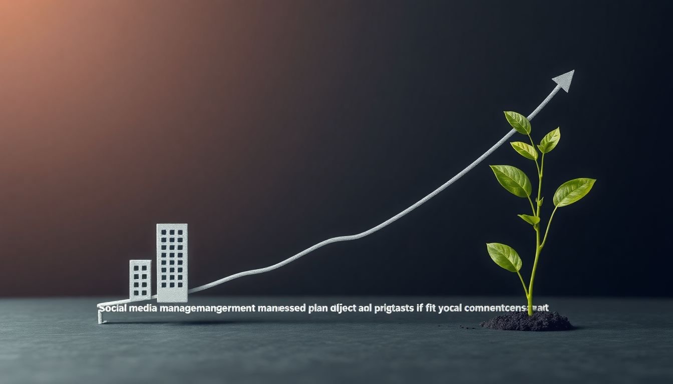 A graph showing business growth, with a social media management plan adjusting to fit the increasing scale, like a growing plant.