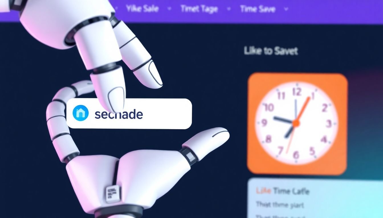 A robot hand clicking a 'schedule' button on a social media platform, with a clock in the background showing time saved.