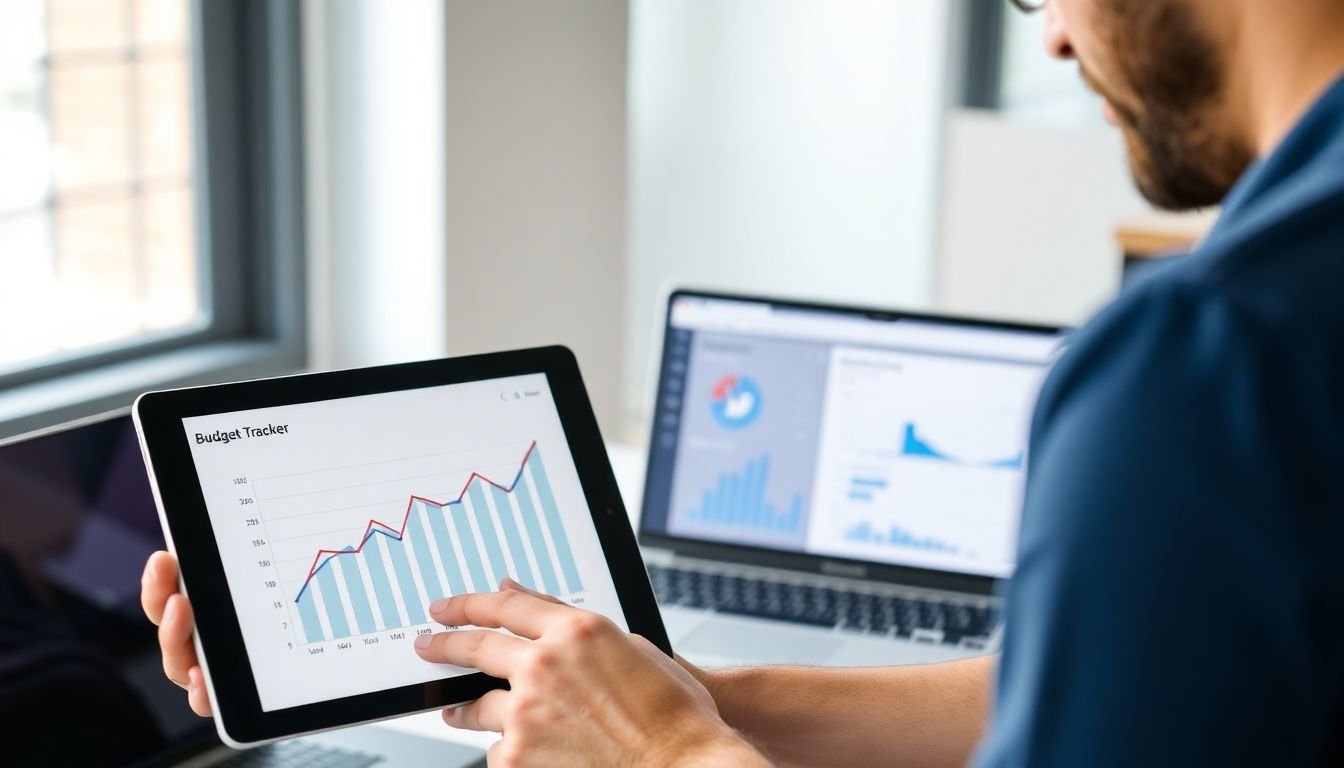 A business owner holding a tablet, showing a graph of increasing social media engagement while keeping an eye on a budget tracker, with a laptop in the background displaying social media management tools.