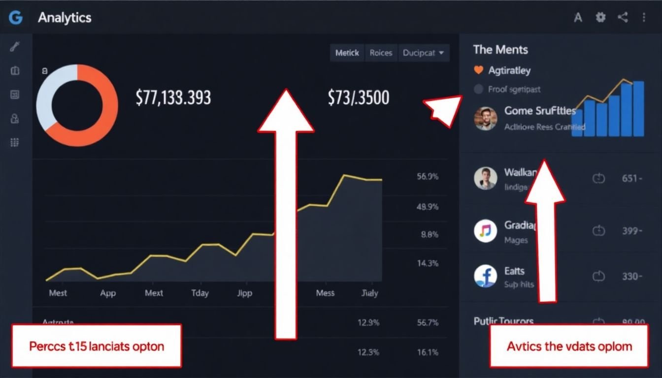 A screenshot of a social media analytics dashboard, with arrows showing increases in key metrics.