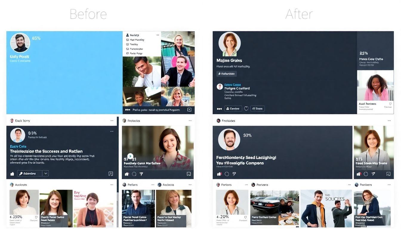 A collage of before-and-after social media profiles, with success stories and statistics next to each.