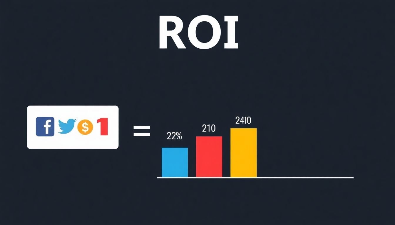 An infographic showing the ROI formula, with social media icons and a bar graph illustrating different ROI percentages.