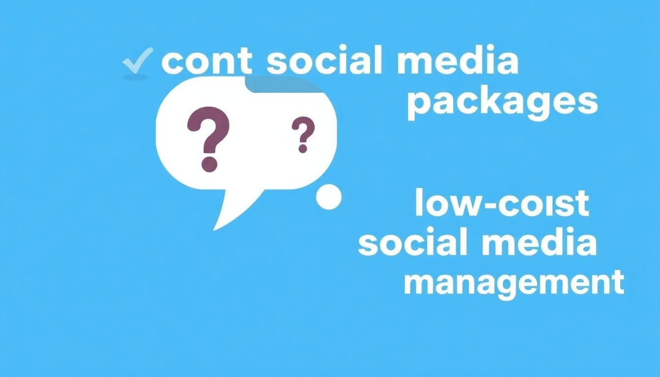 A question mark icon with a speech bubble containing common questions about low-cost social media management packages.