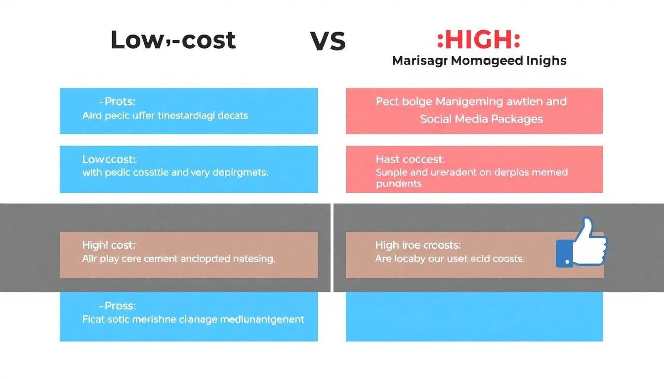 A comparison chart showing the pros and cons of low-cost vs high-cost social media management packages, with a 'thumbs up' icon next to the low-cost option.