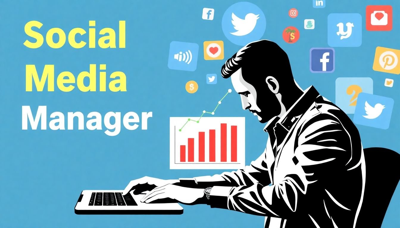 A graphic of a social media manager working on a laptop, with graphs showing increasing ROI, and social media icons in the background, all in a vibrant, professional color scheme.