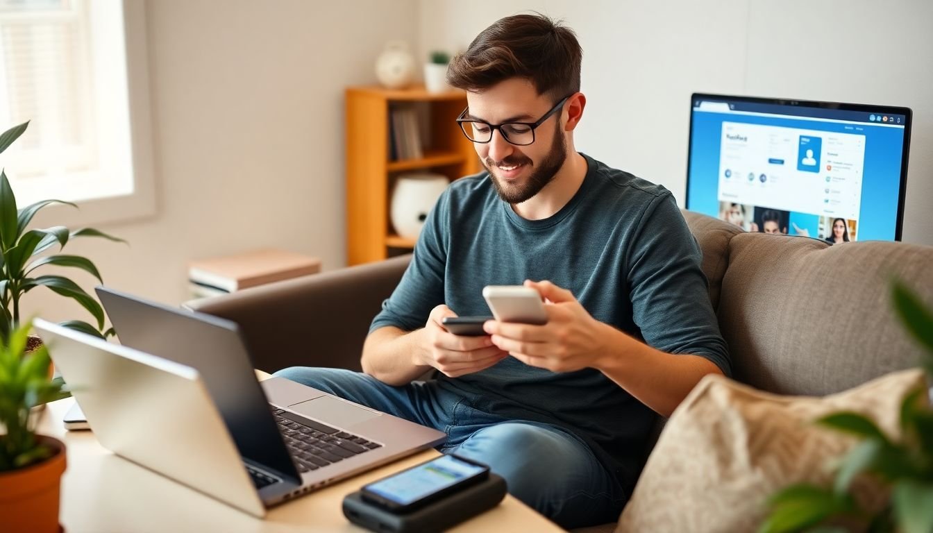 A dedicated individual working from home, managing social media accounts on multiple devices.