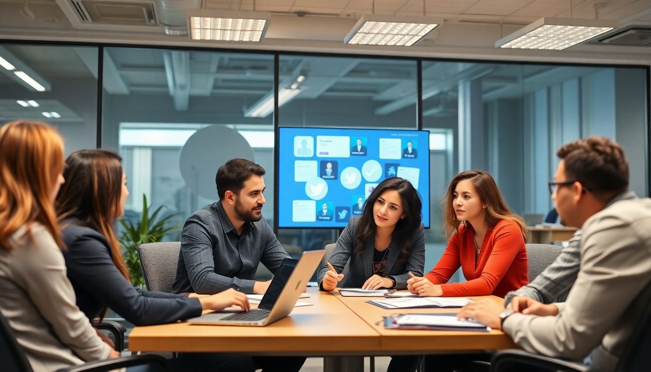 A team of professionals in an office setting, collaborating on social media strategies for multiple clients.