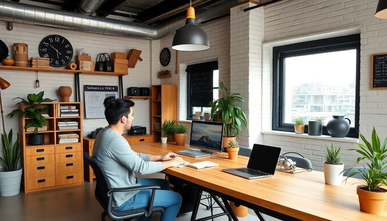 A hybrid workspace with both DIY and professional elements, such as an individual working with a professional team remotely.