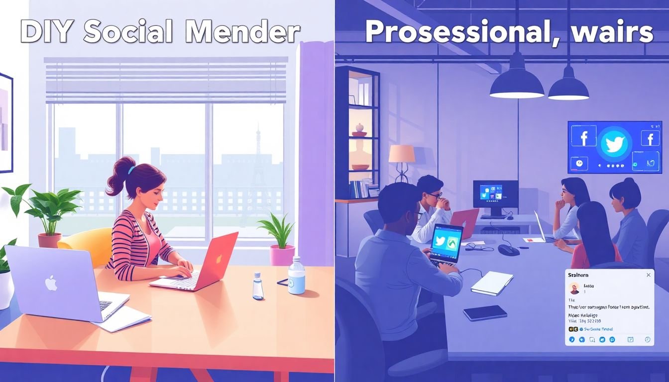 A side-by-side comparison of a DIY social media manager working from home and a professional team in an office, both managing the same brand's social media accounts.