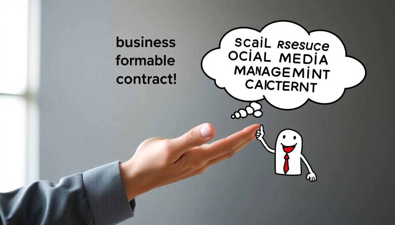 A business owner's hand reaching for a seemingly affordable social media management contract, with a thought bubble showing a simple, happy social media manager character promising quick results.
