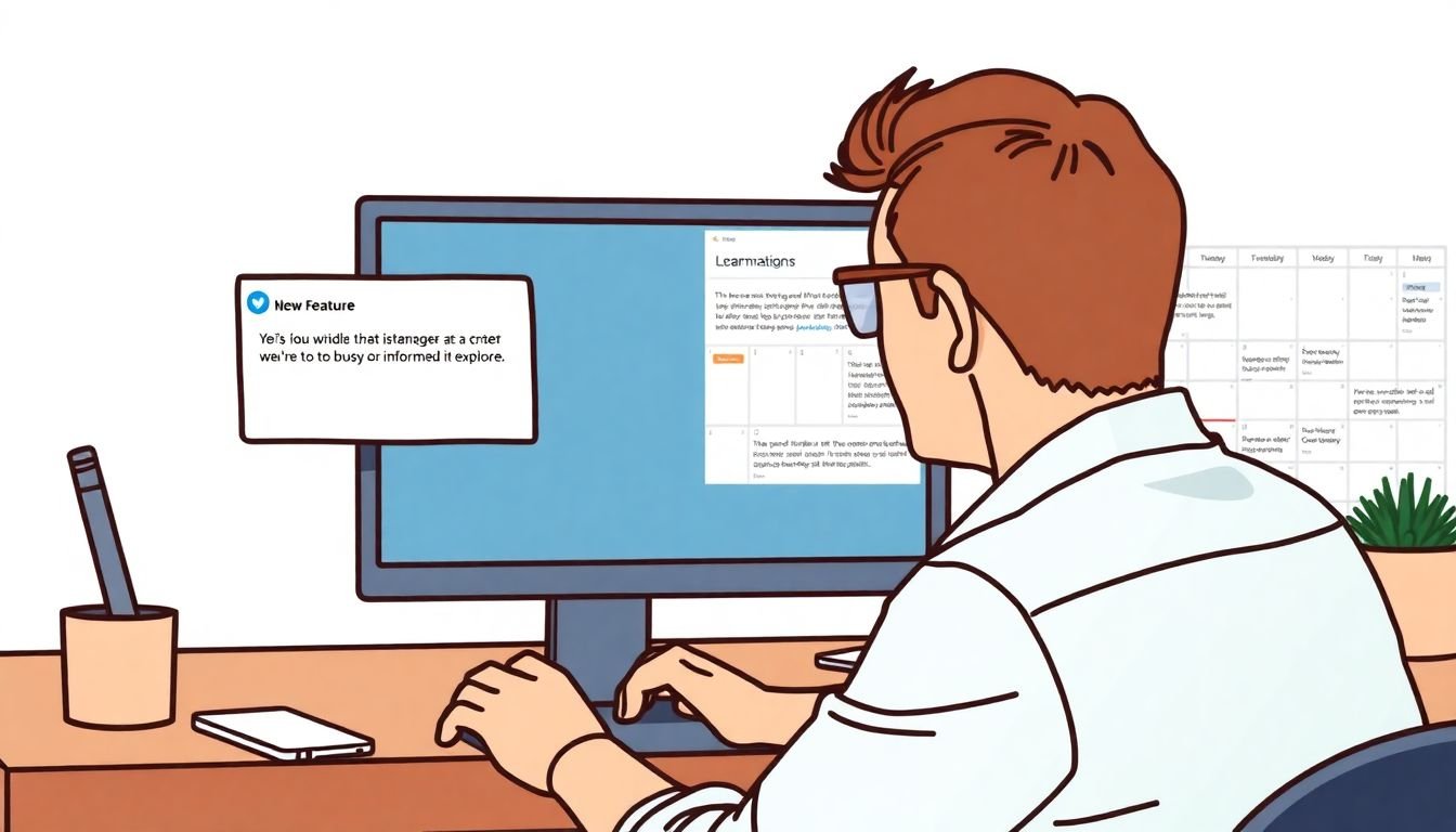 A social media manager stuck in a rut, with a 'new feature' notification on their screen that they're too busy or uninformed to explore, and a calendar showing missed opportunities to engage with trends and events.