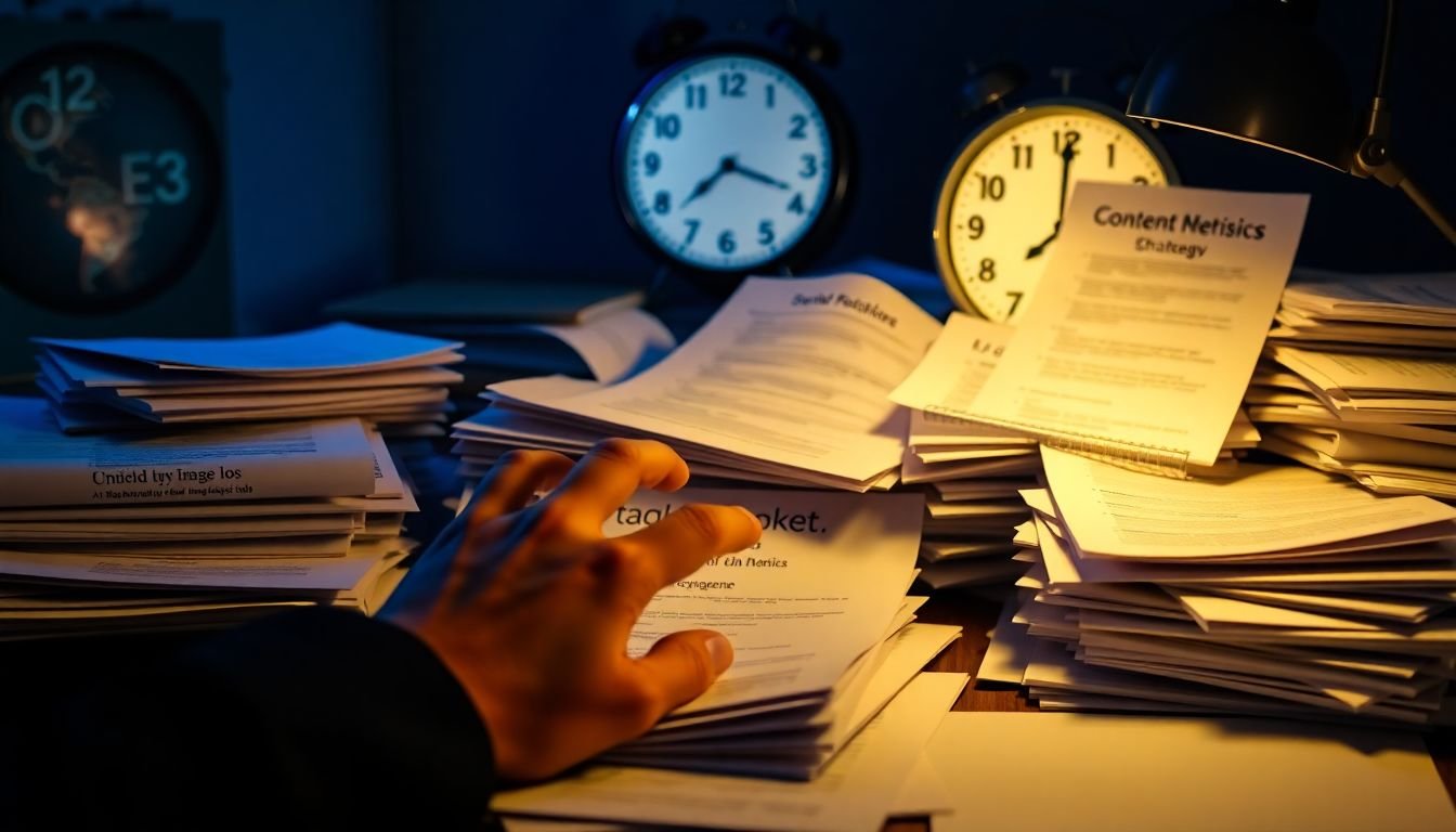 A social media manager's hands working late at night, surrounded by piles of content ideas, engagement metrics, and strategy documents, with a clock in the background showing late hours.