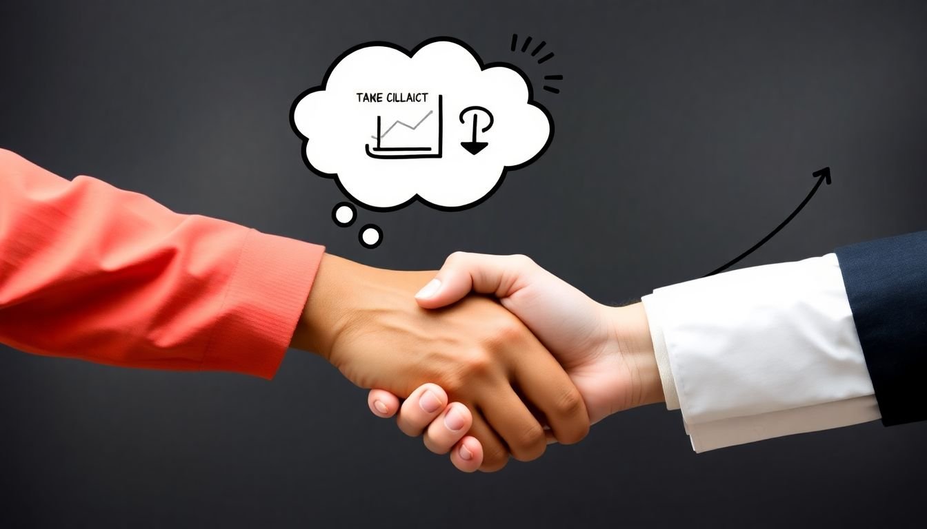 A business owner's hand shaking hands with a professional social media manager, with a thought bubble showing a balanced scale of quality and affordability, and a graph showing steady growth in engagement and ROI.