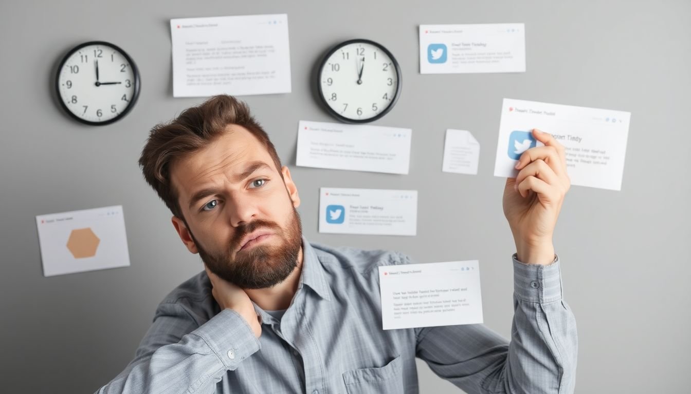 A social media manager struggling with multiple open tabs of free, basic tools, with a clock ticking away precious time and a frustrated expression on their face.