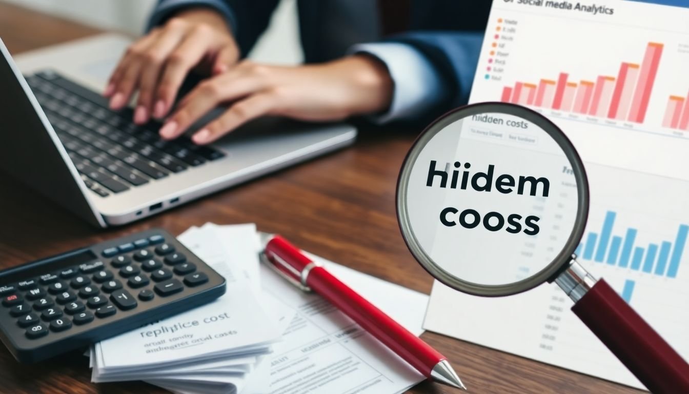 A close-up of a social media manager's hands typing on a laptop, with a calculator and a red pen crossed over a stack of receipts, and a magnifying glass highlighting the words 'hidden costs' on a social media analytics dashboard.