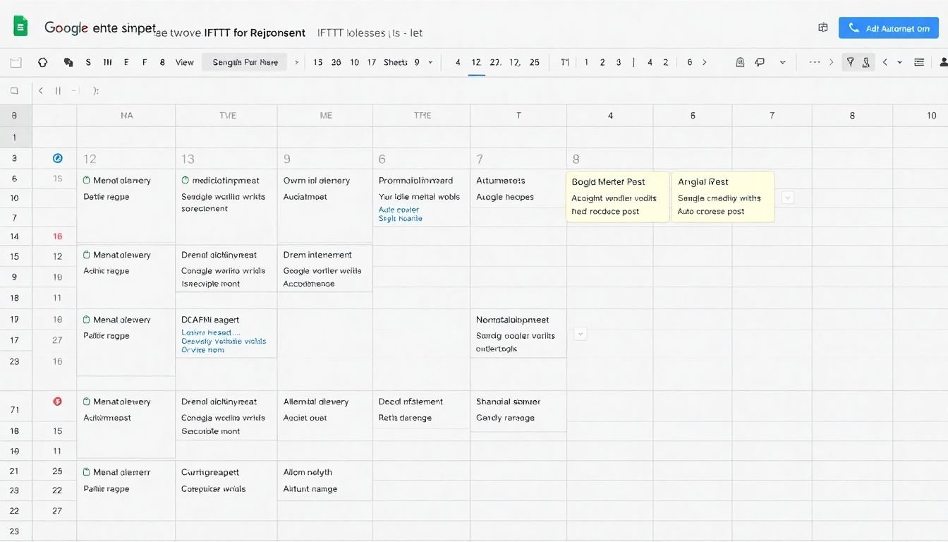 A screenshot of a Google Sheets calendar with scheduled social media posts, and an IFTTT applet for automation.