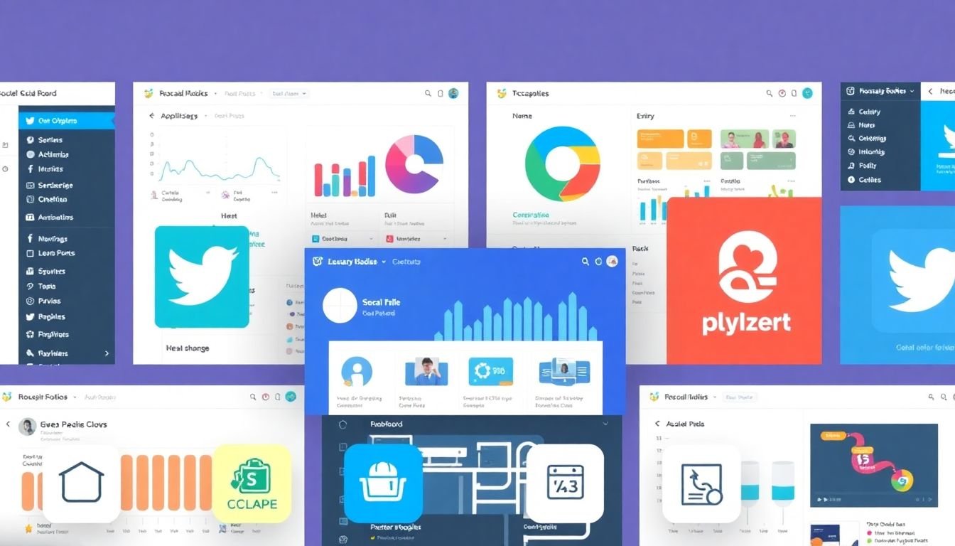 A collage of emerging social media platforms' dashboards, with icons representing affordable management tools.