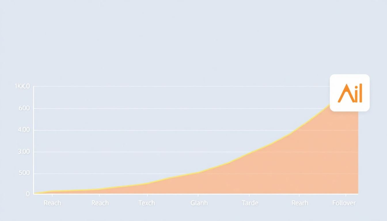 A graph showing KPIs like reach, engagement, and follower growth, with a small analytics tool icon in the corner.